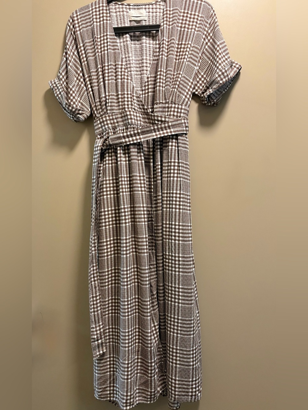 Urban Outfitters Brown and White Plaid Wrap Midi Dress